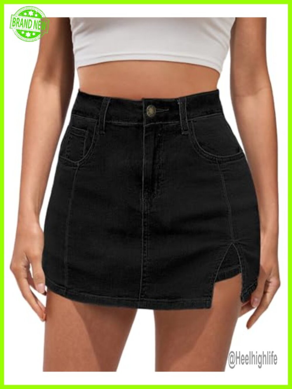 High Waisted Denim Skort with Slit and 5 Pockets